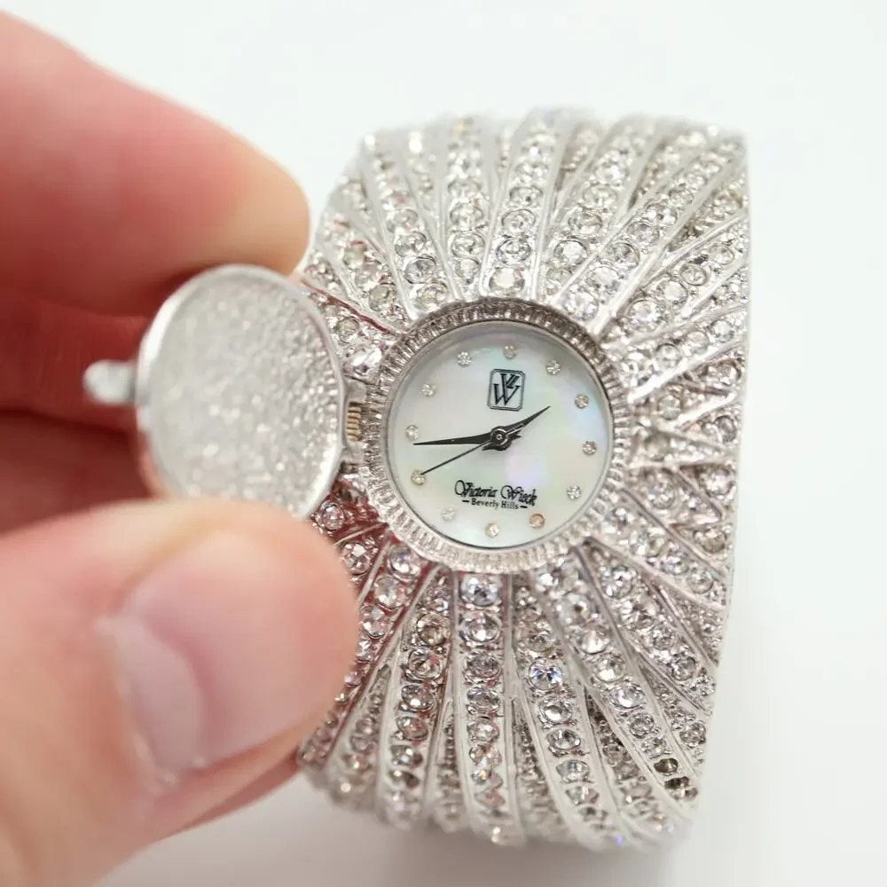 Victoria Wieck Pave Crystal Jewel Cuff Watch 35mm Hidden MOP Dial w New Battery